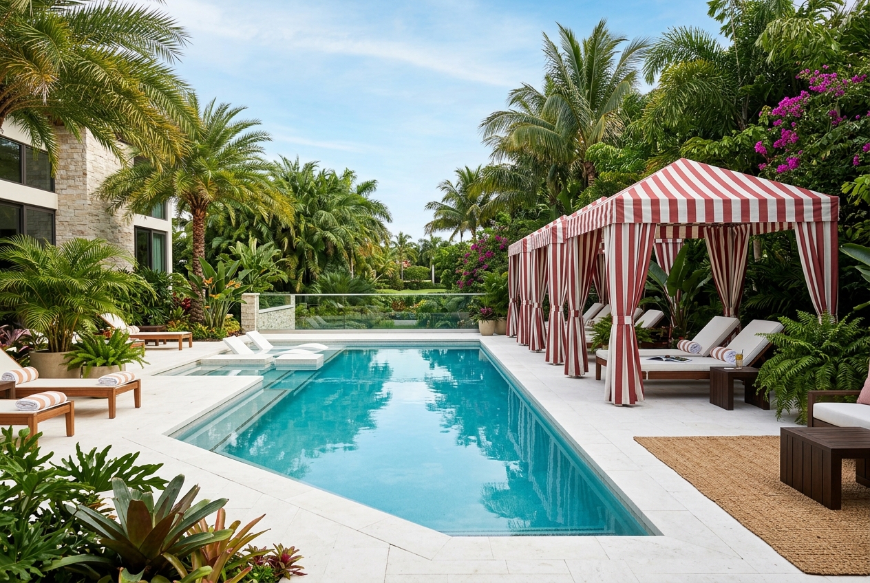Backyard swimming pool with red and white striped cabanas and lush foliage