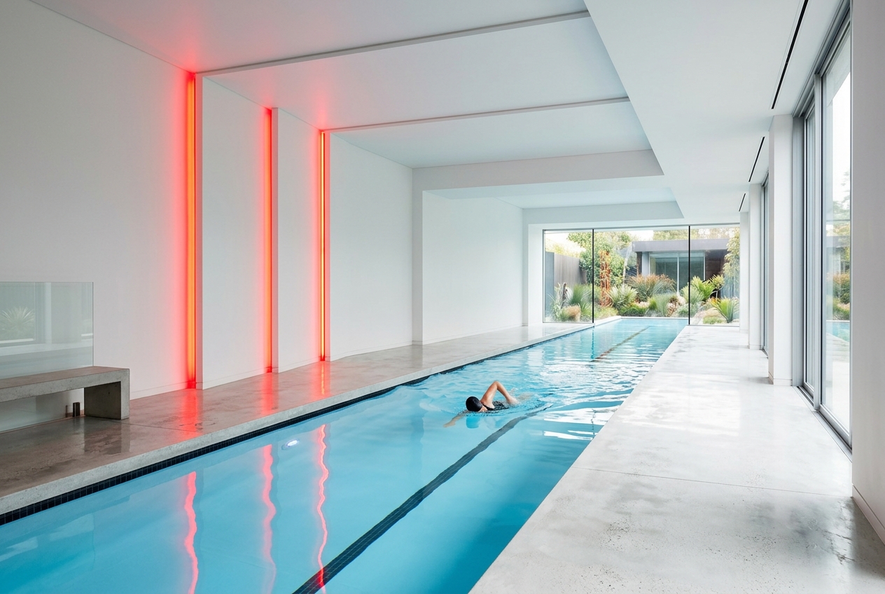 Indoor minimalist infinity pool with white walls and red vertical neon lights