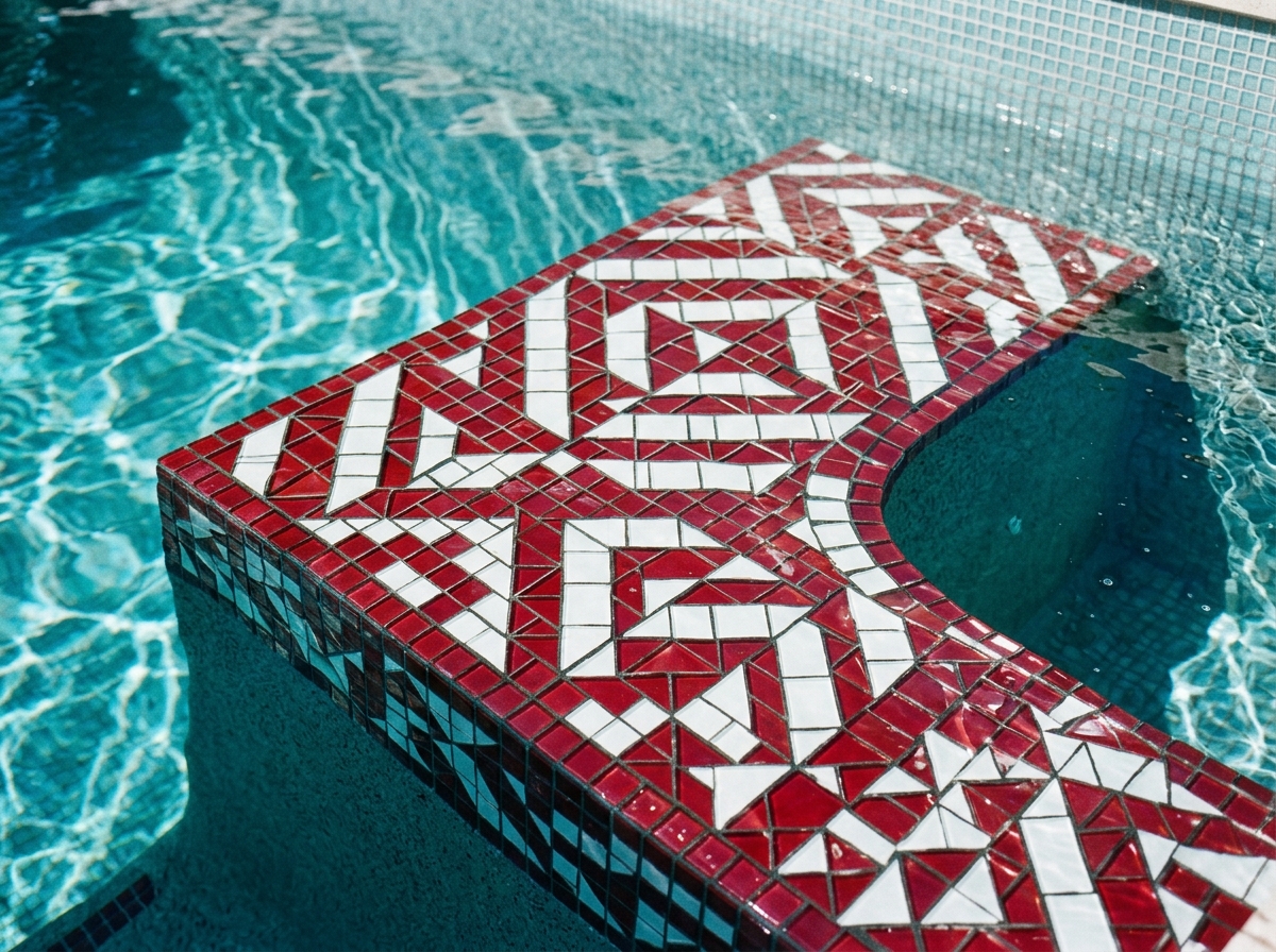 Close-up of swimming pool step with red and white glass mosaic tiling