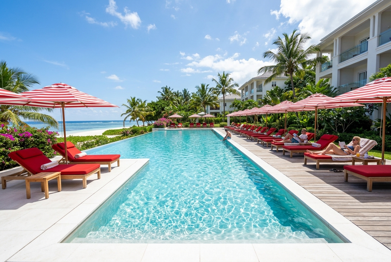 Luxurious resort pool with red poolside loungers and white umbrellas